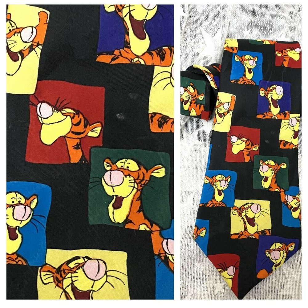 Tigger Poses Black Multicolor Squares‎ Fun Novelty Necktie Pooh Mens Tie